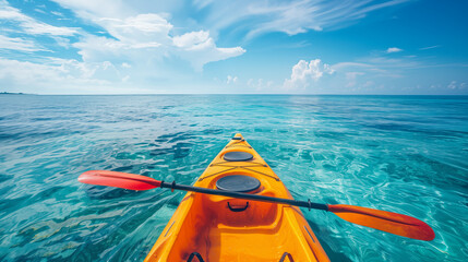 Colorful kayak on clear blue sea with blue sky on sunny day, relax activity on holiday - obrazy, fototapety, plakaty