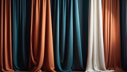 Luxurious drapery arranged in a graceful display, featuring a gradient of colors from deep teal to creamy white, creating an air of sophistication.. AI Generation