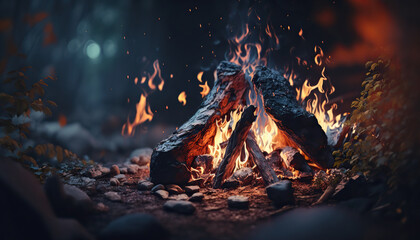 Evening outdoor nature background with close up campfire. Vivid flame bonfire illustration. - Powered by Adobe