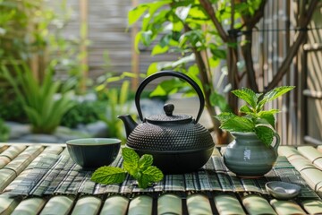 Serene setting with a cast iron teapot and cup, accompanied by vibrant mint leaves on a bamboo mat