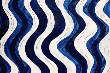 Blue and white abstract painting with wavy lines