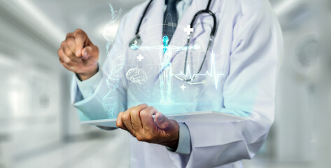 Skilled doctor using VR goggles and research about genetic while standing at lab. Professional...