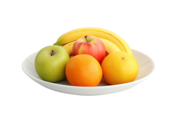 An arrangement of fruits on a white plate. Mango, orange, apple, banana, beautifully arranged. Isolated on a transparent background.