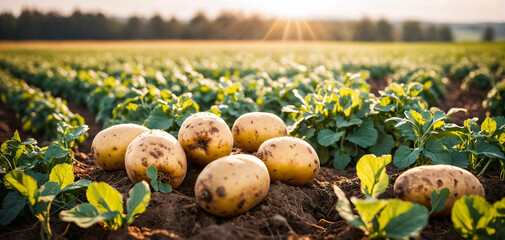 potato field at harvest, bunch of fresh organic potatoes on soil bathed in sunlight - Powered by Adobe