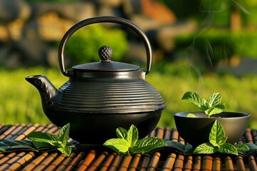 Serene setting with a classic teapot and a cup surrounded by vibrant mint leaves