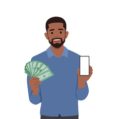Young smiling man character holding money and showing his phone. Flat vector illustration isolated on white background