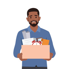 Young man character holding a box with his things with inscription Fired. Unemployment. Flat vector illustration isolated on white background