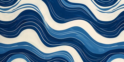 Blue and white painting with wavy lines