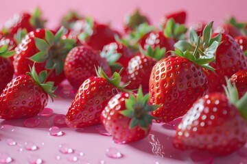 Super realistic close-up of vibrant strawberries with water droplets on a pink surface, capturing freshness - 784310554