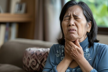 Fototapeta na wymiar old woman have throat pain at home