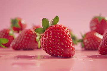 Realistic strawberries with water droplets on a soft pink background in high resolution - 784310725