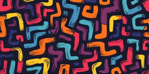 Colorful pattern of letters and numbers on black background