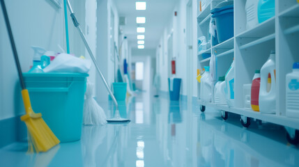 Janitorial room showcasing an array of cleaning supplies. - obrazy, fototapety, plakaty