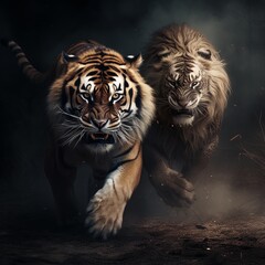 illustration of tiger and lion moving towards camera, Generative ai