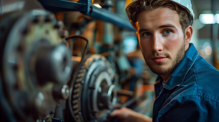 Young Mechanic Adjusting Machinery, Focused Industrial Expertise