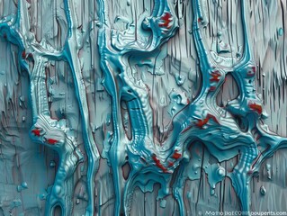 Close up of a painting with blue and red paint