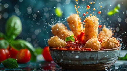 A stylized photo of crispy mozzarella sticks bursting energetically from a ceramic dish, along with marinara sauce splashes and basil leaves - obrazy, fototapety, plakaty