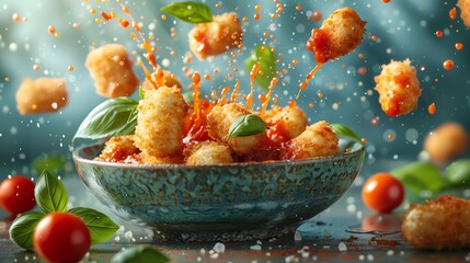 A stylized photo of crispy mozzarella sticks bursting energetically from a ceramic dish, along with marinara sauce splashes and basil leaves - obrazy, fototapety, plakaty
