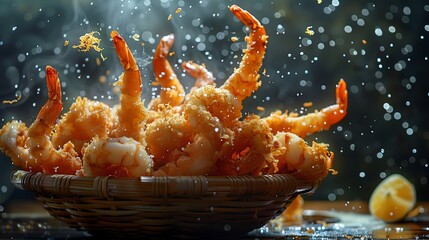 A stylized photo of crispy shrimp tempura bursting energetically from a woven basket, along with dipping sauce splatters and lemon zest