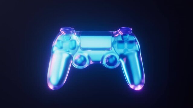 Loop animation of gamepad with dark neon light effect, 3d rendering.