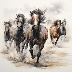illustration of wild horses running colored drawing illustration, Generative ai