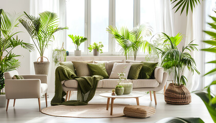 Interior of living room with green houseplants and sofas