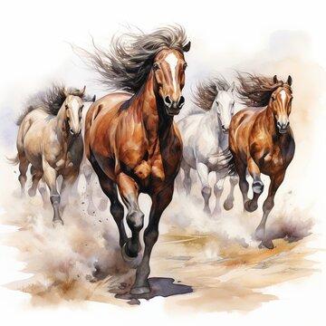illustration of wild horses running colored drawing illustration, Generative ai