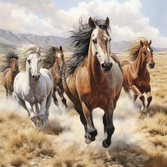 Obraz na płótnie Canvas illustration of wild horses running colored drawing illustration, Generative ai