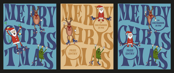 Set Funny Christmas greeting Card design in trendy Y2K Groovy Retro style. Collection weird Design XMAS party invitation card with Christmas Character. Y2K vector Aesthetic. Editable stroke EPS 10