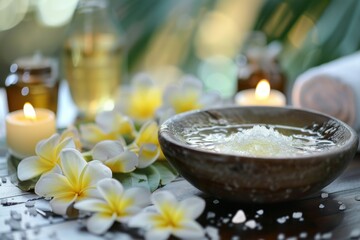 Serene spa setup with salt soak, tropical flowers, candles, and essential oils - 784313118
