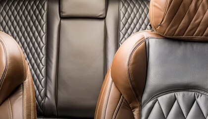 Modern luxury leather car seats. Interior of prestige modern car. Comfortable leather seats for passengers. Modern car interior details - obrazy, fototapety, plakaty