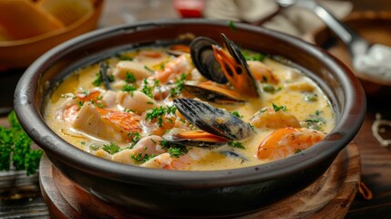 Dishes of New Zealand Seafood Chowder soup, thick creamy base with fish and shellfish. - obrazy, fototapety, plakaty