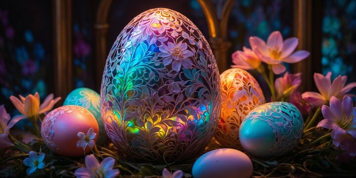 Beautiful easter eggs painted with flower patterns all over and planted in the garden with glow effect.
