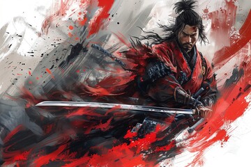 Abstract illustration of a samurai holding swords