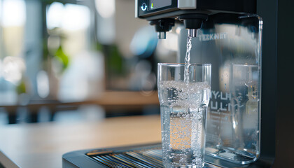 pouring water into a transparent glass from a dispenser on a blurred office background