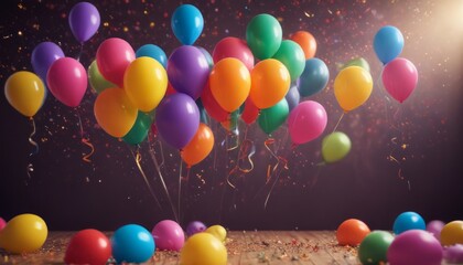Balloons with one balloon tied to a string with a white blank card. birthday party balloons, colourful balloons background 