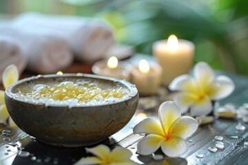 Tranquil spa setting with candles, flowers, and a bowl of aromatic salt - 784313506