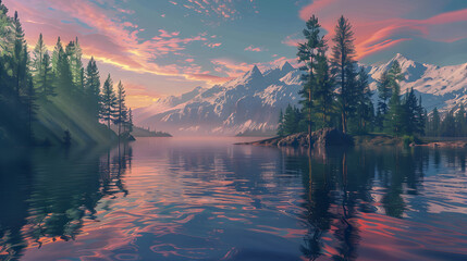 Pacific Northwest Landscape - A Serene Sunset Over Crystal Lake - obrazy, fototapety, plakaty