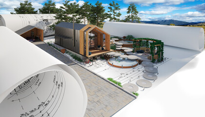 Bauplanung eines energieeffizienten Einfamilienhauses in moderner Scheunen-Architektur und Gartengestaltung (Landschaft im Hintergrund) - 3D Visualisierung - 784313572