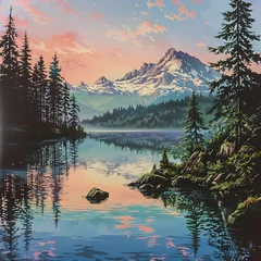 Fotobehang Pacific Northwest Landscape - A Serene Sunset Over Crystal Lake © Owen