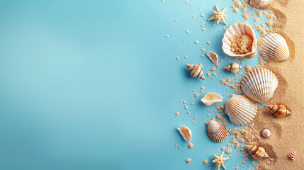 Sand, starfish and shells on blue background with copy space. Summer background for banner. Top view photo