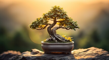 A meticulously pruned bonsai tree in a small ceramic pot, bathed in soft morning light that accentuates