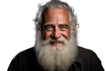 An elderly man with a white beard and a warm smile represents wisdom and experience. Isolated on a transparent background.