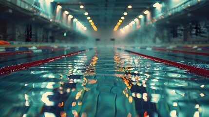 Illuminated Indoor Swimming Pool With Reflective Lanes Ready for Aquatic Sports and Training Sessions - Powered by Adobe