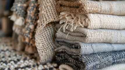 Cozy assortment of woven blankets with rich textures, perfect for home comfort and stylish interiors