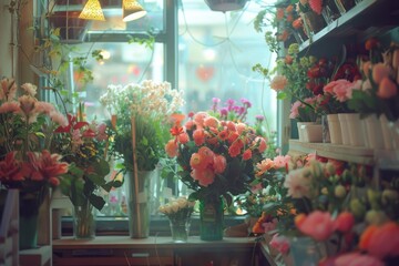 Warmly lit flower shop with a variety of fresh flowers on display - 784314777