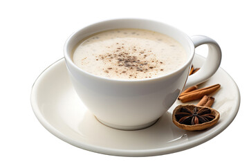 Obraz premium Cream of mushroom soup, various types of mushrooms, cream, milk, sprinkled with black pepper in a white cup, Isolated on transparent background.