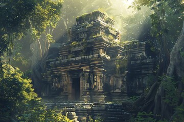 A sunlit ancient temple hidden within a dense jungle, evoking a sense of discovery and mystery - obrazy, fototapety, plakaty
