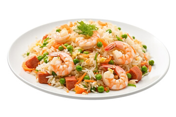 Fototapeta na wymiar Crab fried rice with large pieces of crab meat, shrimp, green peas, carrots on a white plate, Isolated on transparent background.