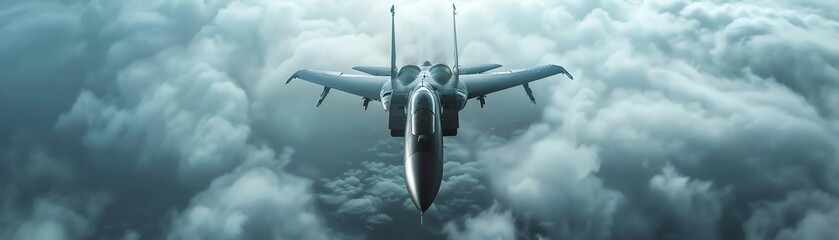 Aerial view captures a military fighter jet soaring through clouds during maneuvers, serving as a dramatic banner for discussions on world conflicts and defense strategies - obrazy, fototapety, plakaty